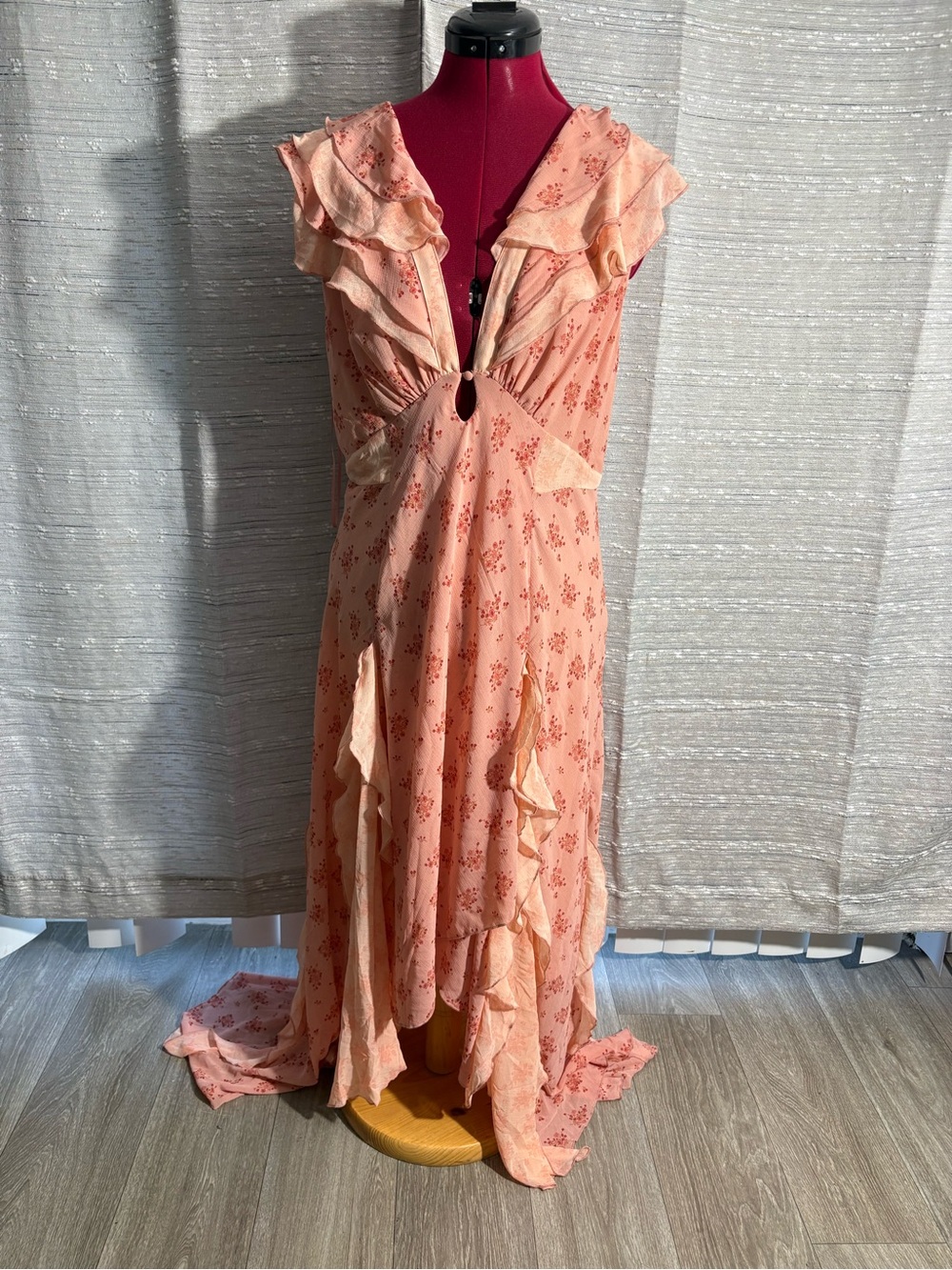 Free People Peach Floral Asymmetrical Ruffle Maxi Dress